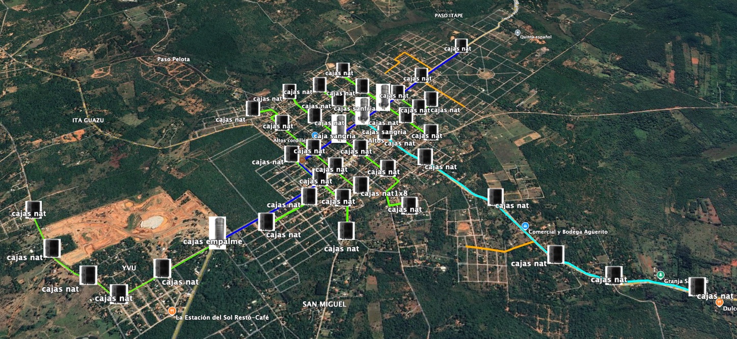 Mapa satelital de Altos con la ubicación de las cajas NAP, cajas de sangría, caja de empalme y los tendidos troncal y de distribución